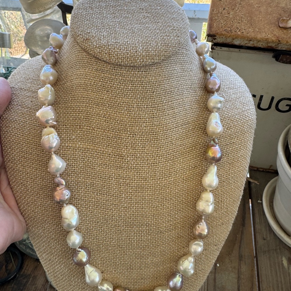 Baroque Pearl necklace Cream and neutral colors, 24 inches,sterling clasp